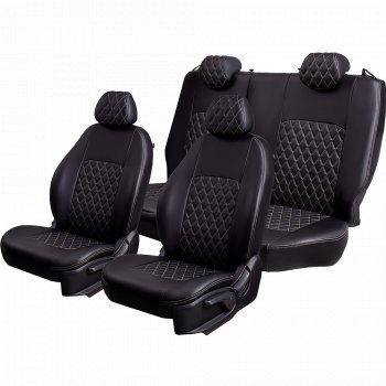 9 449 р. Чехлы для сидений Lord Autofashion Турин Ромб (экокожа, спинка 60/40+подлокотник, 3 Г-образных подголовника)  Skoda Rapid ( NH3,  NH1) (2012-2020), Volkswagen Polo  Mk6 (2020-2022) (Черный, вставка черная, строчка бежевая)  с доставкой в г. Пермь. Увеличить фотографию 2