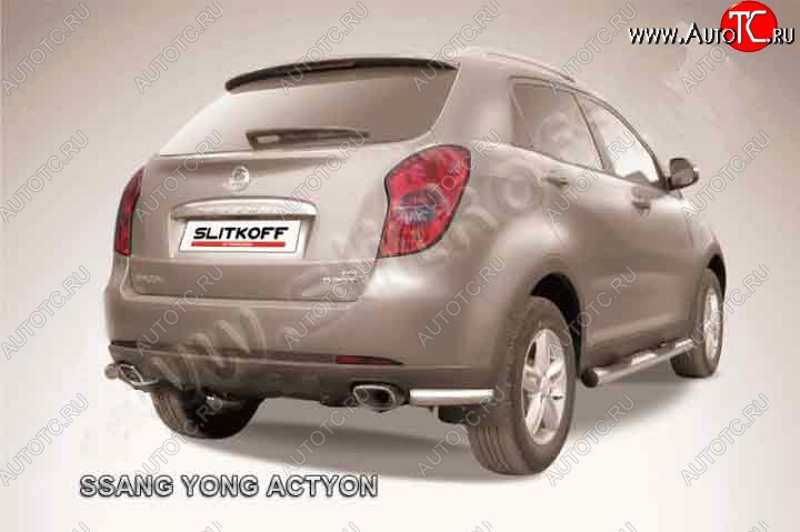 7 199 р. Защита заднего бампера в виде уголков 57мм Slitkoff  SSANGYONG Actyon (2010-2013) дорестайлинг (Цвет: нержавеющая полированная сталь)  с доставкой в г. Пермь