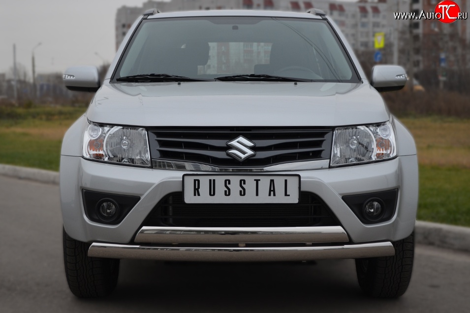 16 849 р. Защита переднего бампера (2 трубыØ75х42 мм, нержавейка) Russtal Suzuki Grand Vitara JT 3 двери 2-ой рестайлинг (2012-2016)  с доставкой в г. Пермь