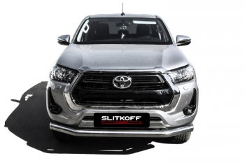 18 999 р. Защита переднего бампера Slitkoff (Ø 76 мм).  Toyota Hilux  AN120 (2017-2020) 1-ый рестайлинг (Нержавеющая сталь)  с доставкой в г. Пермь. Увеличить фотографию 2