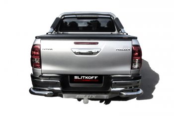 12 999 р. Защита заднего бампера Slitkoff (Ø 76 мм, уголки)  Toyota Hilux  AN120 (2017-2020) 1-ый рестайлинг (Нержавеющая сталь)  с доставкой в г. Пермь. Увеличить фотографию 2