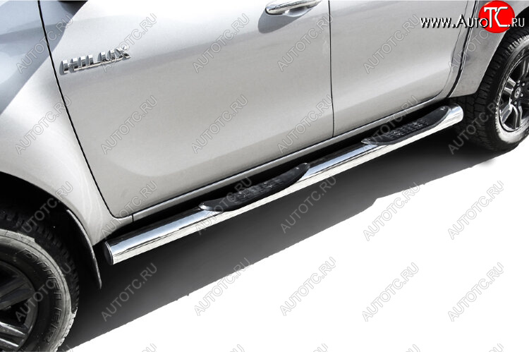 22 749 р. Защита порогов Slitkoff (Ø 76 мм, в проступями)  Toyota Hilux  AN120 (2017-2020) 1-ый рестайлинг (Нержавеющая сталь)  с доставкой в г. Пермь