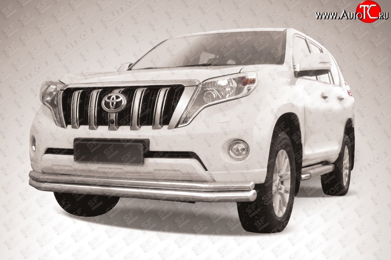 20 949 р. Двойная длинная защита переднего бампера (d76 и 57 мм) Slitkoff  Toyota Land Cruiser Prado  J150 (2013-2017) 1-ый рестайлинг (Цвет: нержавеющая полированная сталь)  с доставкой в г. Пермь