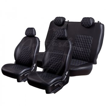 9 449 р. Чехлы для сидений Lord Autofashion Турин Ромб (экокожа) Toyota Avensis T250 седан дорестайлинг (2003-2006) (Черный, вставка черная, строчка синяя)  с доставкой в г. Пермь. Увеличить фотографию 4