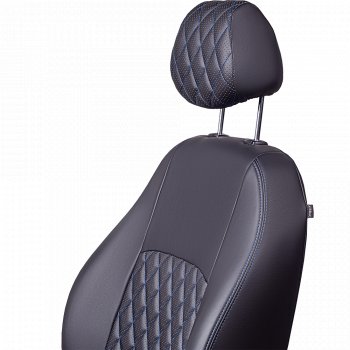 9 449 р. Чехлы для сидений Lord Autofashion Турин Ромб (экокожа, 60/40, подлокотник, отд. бок, 2 П- и 1 Г-образных подголовника)  Toyota Corolla  E150 (2006-2013) седан дорестайлинг, седан рестайлинг (Черный, вставка черная, строчка синяя)  с доставкой в г. Пермь. Увеличить фотографию 4