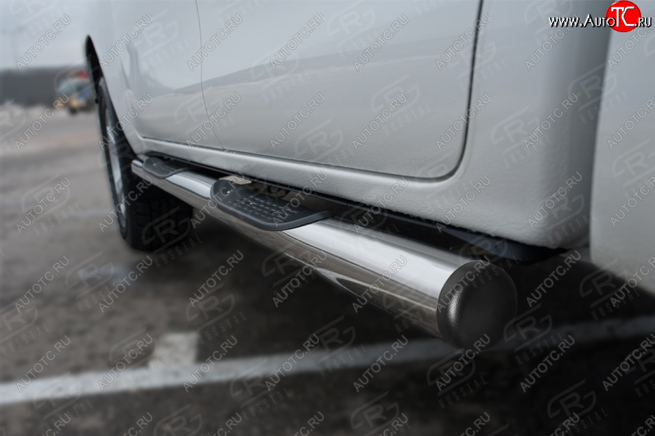 22 599 р. Защита порогов (Ø76 мм с накладкой, BLACK ONYX) SLITKOFF  Toyota Hilux  AN120 (2020-2025) 2-ой рестайлинг (с пластиковыми заглушками на торцах, полированная нержавейка)  с доставкой в г. Пермь
