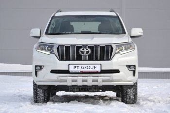 Защита переднего бампера двойная с пластинами из труб d63/63 мм Petroil Tuning Toyota Land Cruiser Prado  J150 (2017-2020) 2-ой рестайлинг (Нержавеющая полированная сталь)