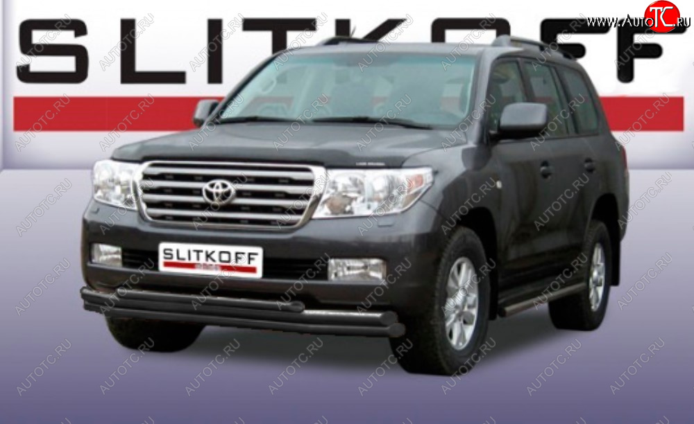 15 899 р. Защита переднего бампера Slitkoff (Ø 57+Ø 57+Ø 42, тройная).  Toyota Land Cruiser  200 (2007-2012) дорестайлинг (Сталь с полимерным покрытием. Цвет: черный)  с доставкой в г. Пермь