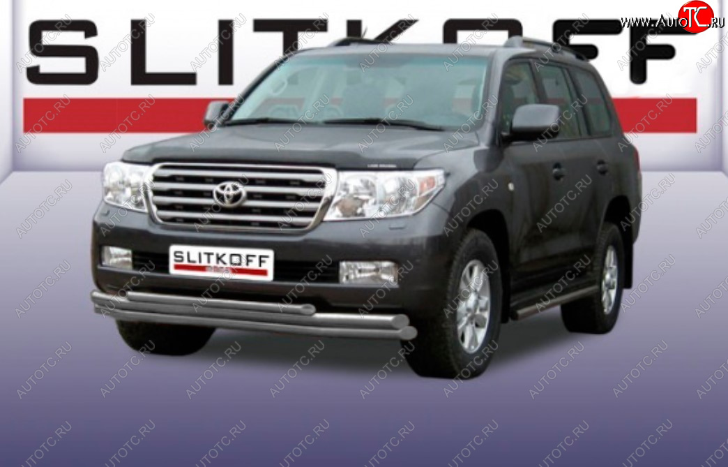 15 899 р. Защита переднего бампера Slitkoff (Ø 57+Ø 57+Ø 42, тройная).  Toyota Land Cruiser  200 (2007-2012) дорестайлинг (Сталь с полимерным покрытием. Цвет: серебристый)  с доставкой в г. Пермь