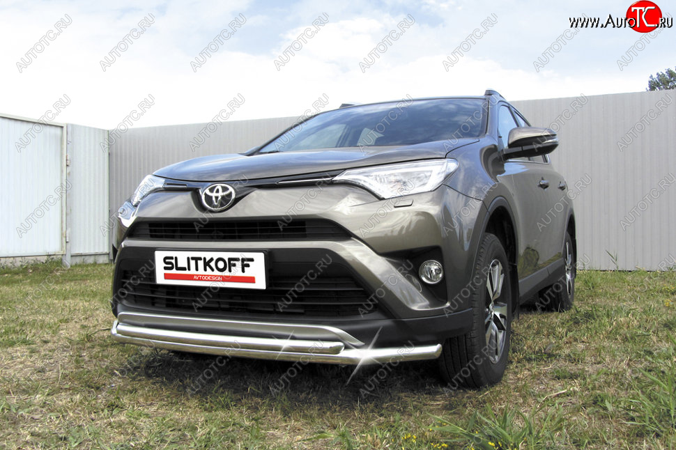 13 699 р. Защита переднего бампера Slitkoff (Ø57 и 42 мм) Toyota RAV4 XA40 5 дв. рестайлинг (2015-2019) (Нержавейка полированная)  с доставкой в г. Пермь