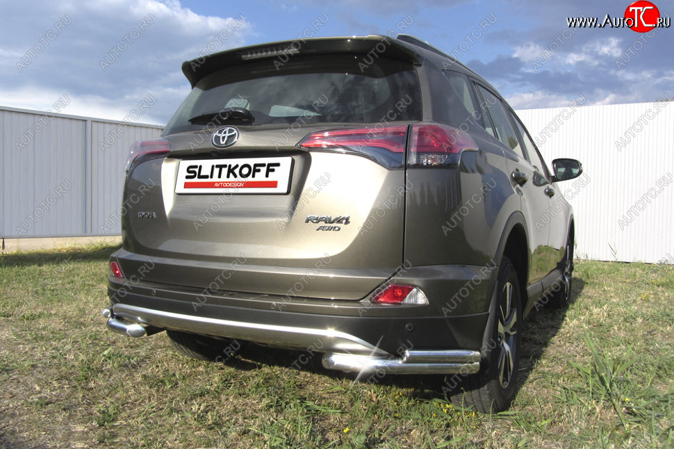 9 799 р. Защита заднего бампера Slitkoff (d57 и 42 мм, уголки) Toyota RAV4 XA40 5 дв. рестайлинг (2015-2019) (Нержавейка полированная)  с доставкой в г. Пермь