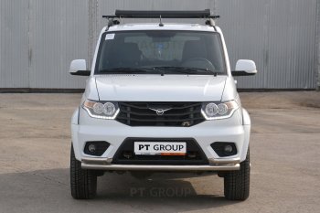 21 059 р. Защита переднего бампера двойная с углами из труб d63/51 мм Petroil Tuning  Уаз Патриот ( 23632,  3163 5-дв.) (2014-2016) 1 рестайлинг пикап, 1-ый рестайлинг (Нержавеющая полированная сталь)  с доставкой в г. Пермь. Увеличить фотографию 3