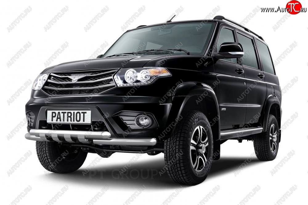 30 099 р. Защита переднего бампера двойная с зубьями из труб d63/63 мм Petroil Tuning  Уаз Патриот ( 23632,  3163 5-дв.) (2014-2016) 1 рестайлинг пикап, 1-ый рестайлинг (Нержавеющая полированная сталь)  с доставкой в г. Пермь