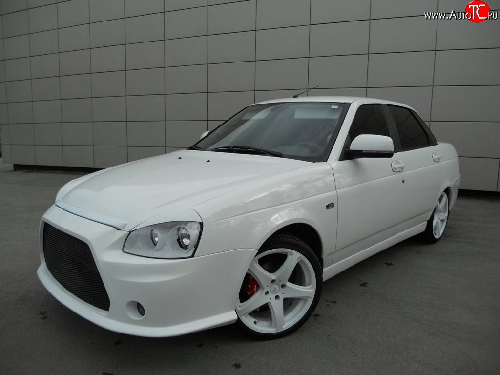 9 399 р. Передний бампер Lancer Style Лада Приора 2170 седан дорестайлинг (2007-2014) (Неокрашенный)  с доставкой в г. Пермь