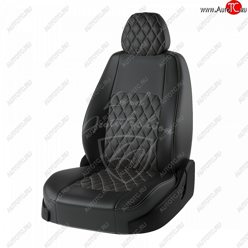 9 449 р. Чехлы для сидений дорестайл Lord Autofashion Турин Ромб (экокожа) Лада Приора 2172 хэтчбек дорестайлинг (2008-2014) (Черный, вставка черная, строчка бежевая)  с доставкой в г. Пермь