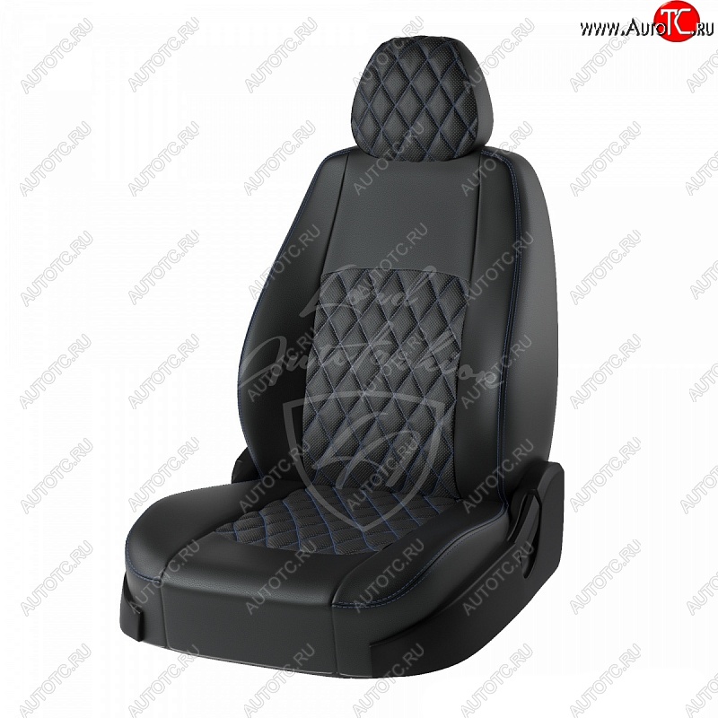 9 449 р. Чехлы для сидений рестайл Lord Autofashion Турин Ромб (экокожа) Лада Приора 2172 хэтчбек дорестайлинг (2008-2014) (Черный, вставка черная, строчка синяя)  с доставкой в г. Пермь