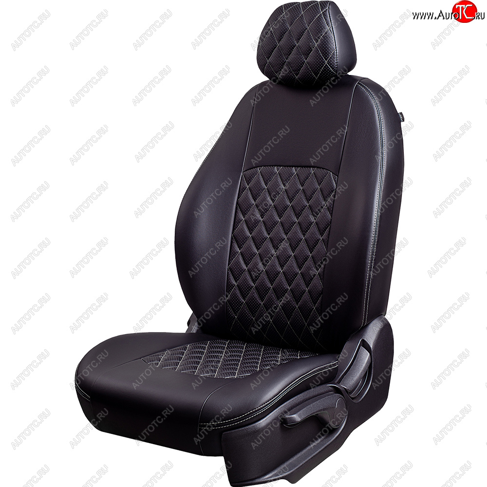 9 449 р. Чехлы для сидений Lord Autofashion Турин Ромб (экокожа, 60/40, 2 П- и 1 Г-оббразных подголовника) Лада Приора 2172 хэтчбек дорестайлинг (2008-2014) (Черный, вставка черная, строчка серая)  с доставкой в г. Пермь