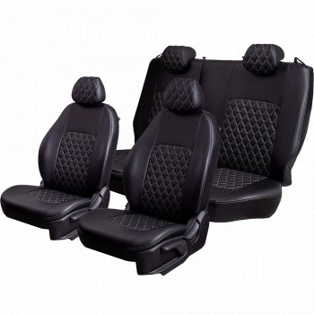 9 449 р. Чехлы для сидений Lord Autofashion Турин Ромб (экокожа, 60/40, 2 П- и 1 Г-оббразных подголовника) Лада Приора 2172 хэтчбек дорестайлинг (2008-2014) (Черный, вставка черная, строчка серая)  с доставкой в г. Пермь. Увеличить фотографию 2
