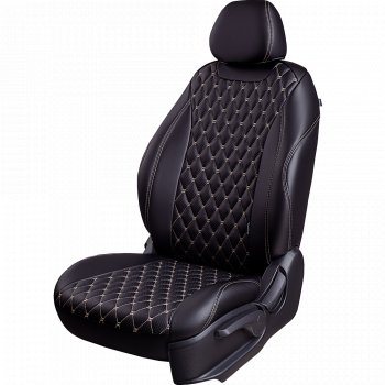 19 649 р. Чехлы для сидений Lord Autofashion Байрон (экокожа, 60/40, подлокотник, 3 Г-образных подголовника) Volkswagen Jetta A6 седан рестайлинг (2015-2018) (Черный, вставка черная, строчка бежевая)  с доставкой в г. Пермь. Увеличить фотографию 2