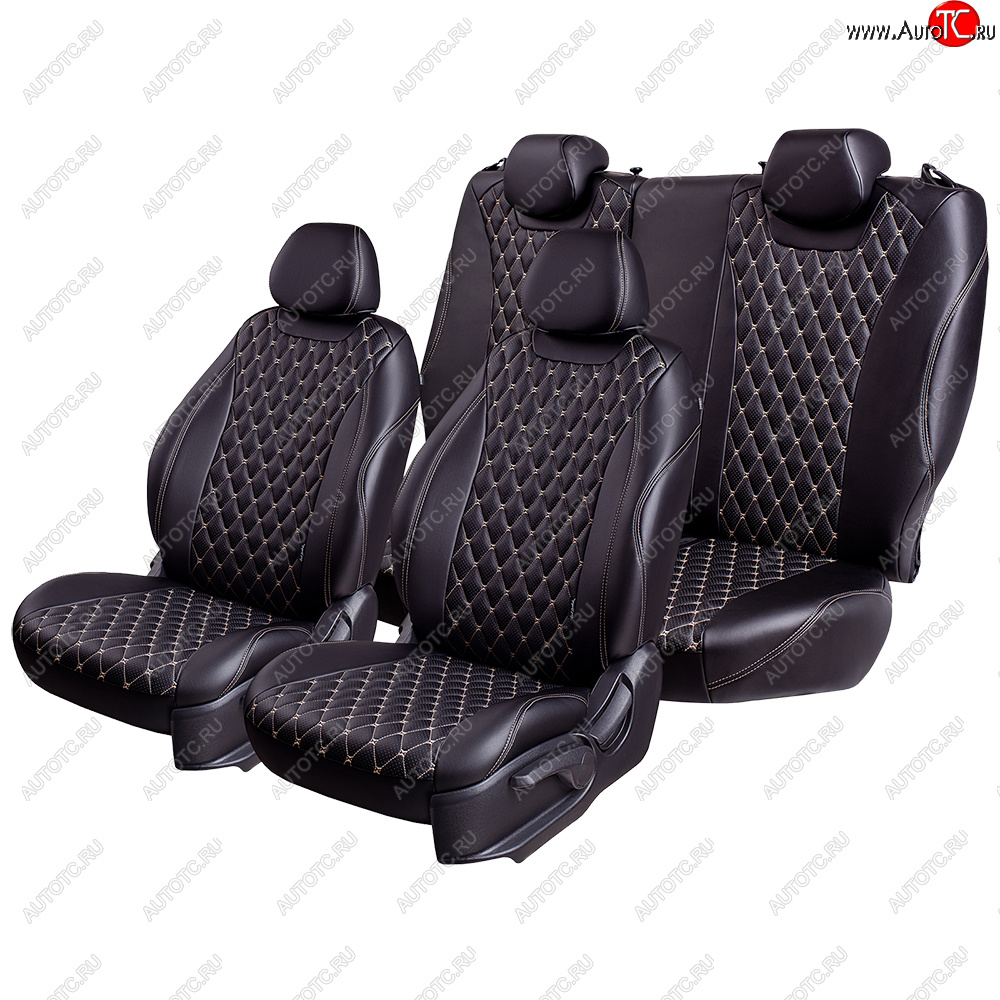 19 649 р. Чехлы для сидений Lord Autofashion Байрон (экокожа, 60/40, подлокотник, 3 Г-образных подголовника) Volkswagen Jetta A6 седан рестайлинг (2015-2018) (Черный, вставка черная, строчка бежевая)  с доставкой в г. Пермь
