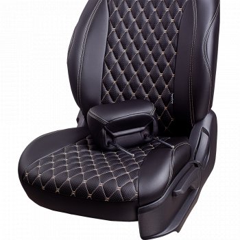 19 649 р. Чехлы для сидений Lord Autofashion Байрон (экокожа, 60/40, подлокотник, 3 Г-образных подголовника) Volkswagen Jetta A6 седан рестайлинг (2015-2018) (Черный, вставка черная, строчка бежевая)  с доставкой в г. Пермь. Увеличить фотографию 4