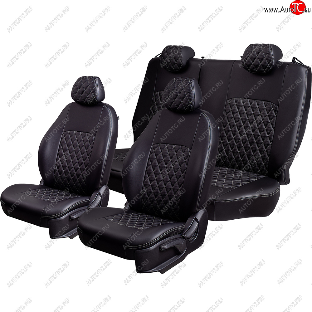 9 449 р. Чехлы для сидений Lord Autofashion Турин Ромб (экокожа, сплошная спинка, подлокотник, 2 П- и 1 Г-образных подголовника) Volkswagen Polo 5 хэтчбек рестайлинг (2015-2020) (Черный, вставка черная, строчка серая)  с доставкой в г. Пермь