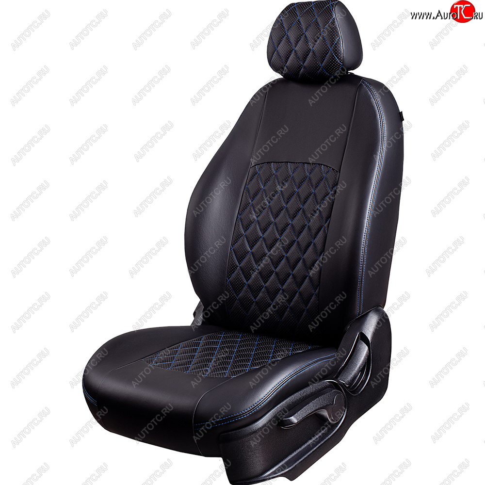 9 449 р. Чехлы для сидений Lord Autofashion Турин Ромб (экокожа, сплошная спинка, подлокотник, 2 П- и 1 Г-образных подголовника)  Volkswagen Polo  5 (2009-2020) седан дорестайлинг, хэтчбек дорестайлинг, седан рестайлинг, хэтчбек рестайлинг (Черный, вставка черная, строчка синяя)  с доставкой в г. Пермь