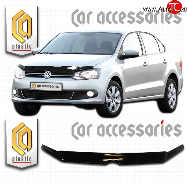 1 899 р. Дефлектор капота CA Plastic  Volkswagen Polo  5 (2009-2015) хэтчбек дорестайлинг (Classic черный, Без надписи)  с доставкой в г. Пермь