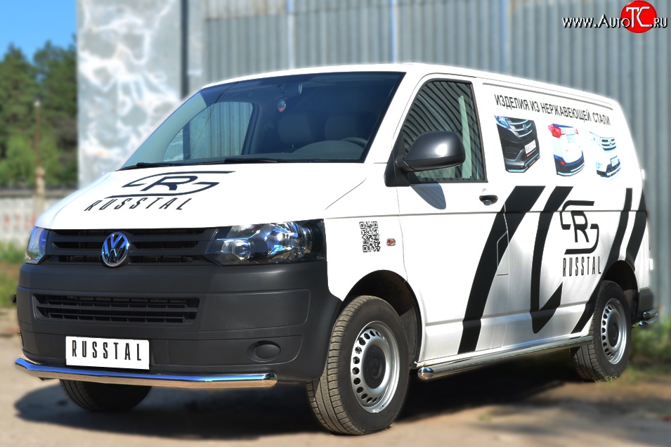 71 999 р. Левая защита порогов из круглой трубы диаметром 63 мм Russtal Volkswagen Transporter T6 дорестайлинг (2015-2019) (Защита порогов с со скосами на торцах (вариант 1))  с доставкой в г. Пермь
