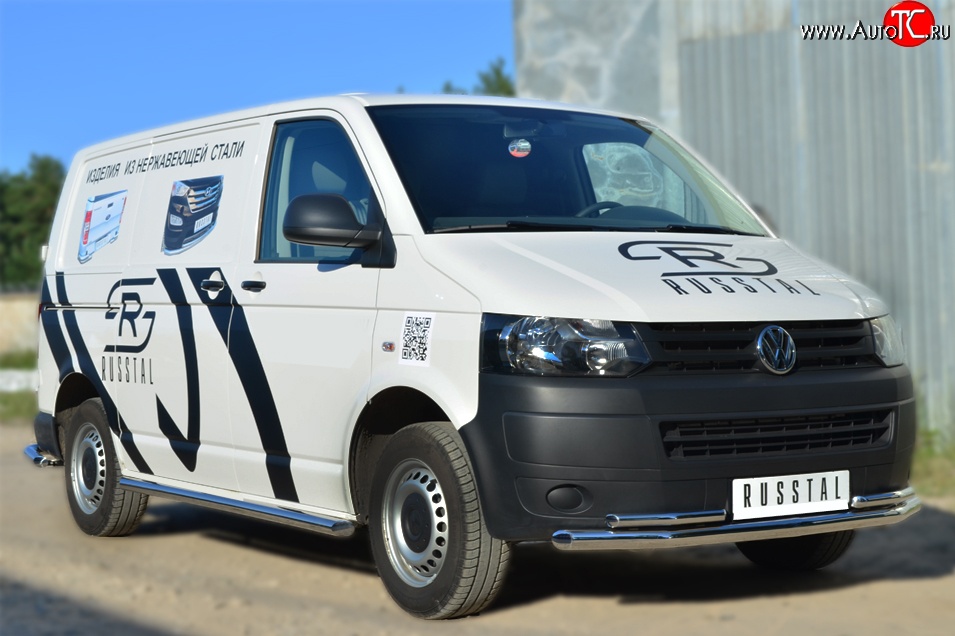 71 999 р. Правая защита порогов из круглой трубы диаметром 63 мм Russtal Volkswagen Transporter T6 дорестайлинг (2015-2019) (Защита порогов с со скосами на торцах (вариант 1))  с доставкой в г. Пермь