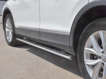 Защита порогов (Ø75х42 мм с проступью, NOT R-LINE) Russtal Volkswagen Tiguan Mk2 рестайлинг (2020-2022) (полированная нержавейка)