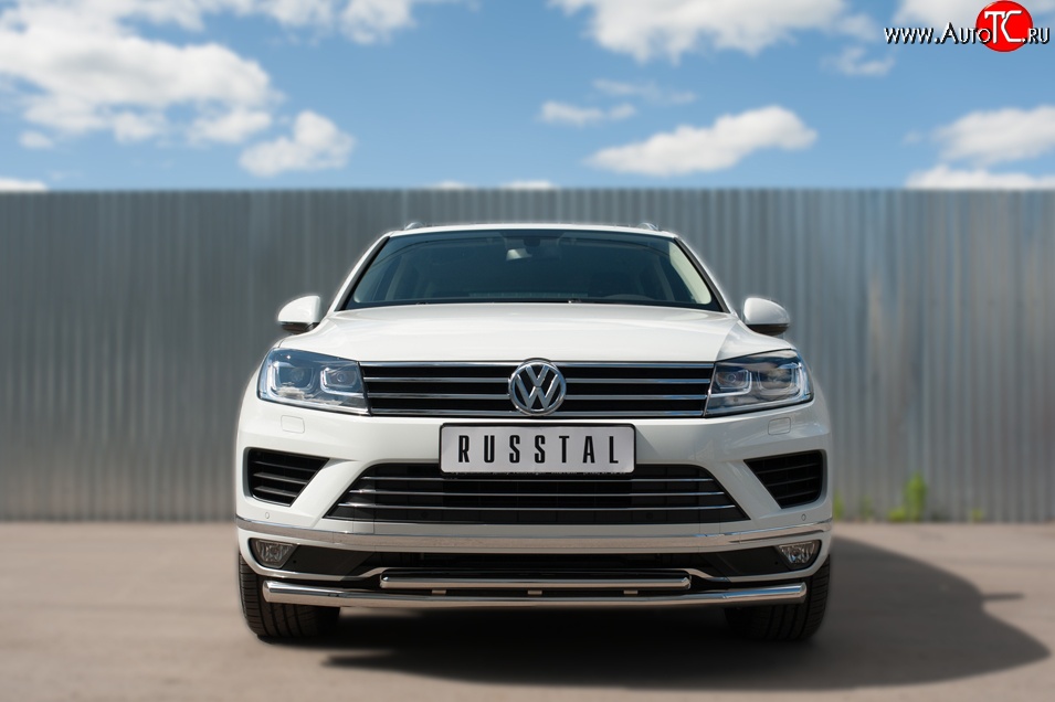 26 099 р. Защита переднего бампера (2 трубыØ63 и 42 мм, нержавейка) SLITKOFF Volkswagen Touareg NF рестайлинг (2014-2018)  с доставкой в г. Пермь