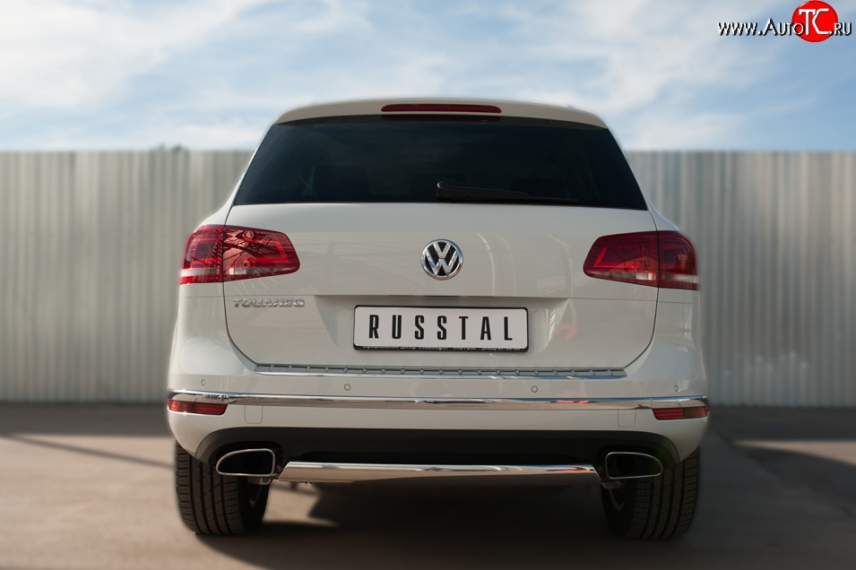 13 999 р. Защита заднего бампера (Ø75x42 мм, нержавейка) Russtal Volkswagen Touareg NF рестайлинг (2014-2018)  с доставкой в г. Пермь