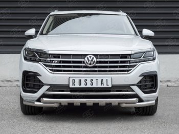 30 649 р. Защита переднего бампера (2 трубы Ø63 с клыками, нержавейка not 2.0 tsi) SLITKOFF  Volkswagen Touareg  CR (2018-2025)  с доставкой в г. Пермь. Увеличить фотографию 2