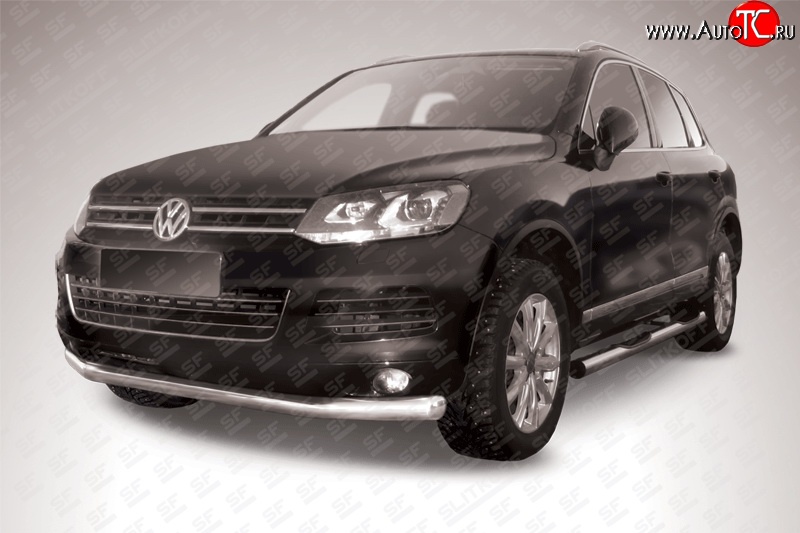 17 899 р. Одинарная защита переднего бампера диаметром 76 мм Slitkoff Volkswagen Touareg NF дорестайлинг (2010-2014) (Цвет: нержавеющая полированная сталь)  с доставкой в г. Пермь