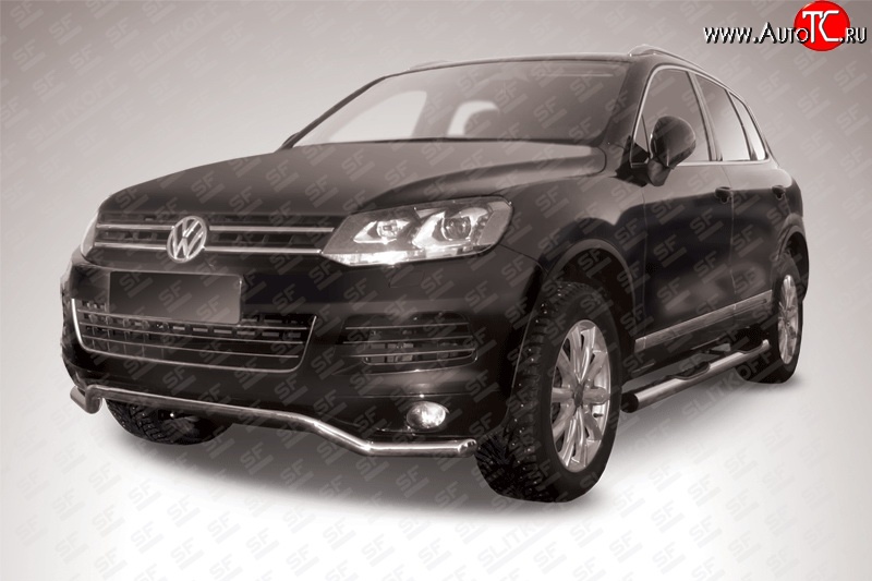 15 999 р. Защита переднего бампера из фигурной трубы диаметром 57 мм Slitkoff Volkswagen Touareg NF дорестайлинг (2010-2014) (Цвет: нержавеющая полированная сталь)  с доставкой в г. Пермь