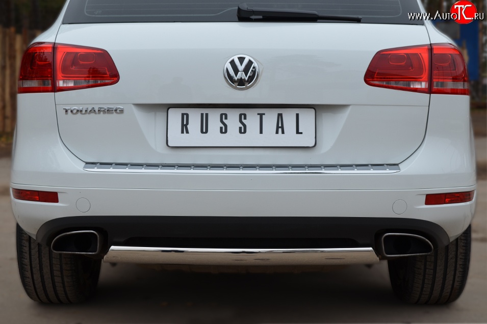 11 599 р. Защита заднего бампера (Ø75x42 мм, нержавейка) Russtal Volkswagen Touareg NF дорестайлинг (2010-2014)  с доставкой в г. Пермь
